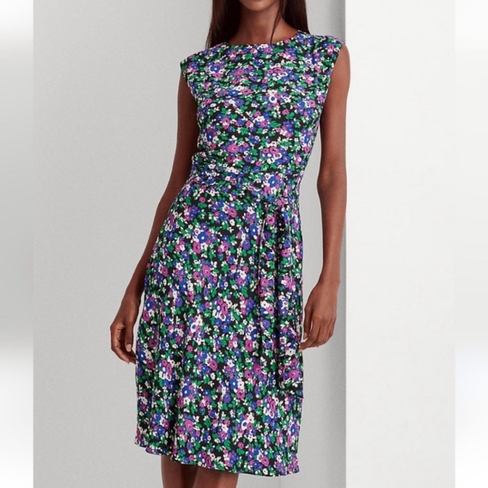 Ralph Lauren Floral Boat Neck Dress -Purple/Black Midi Floral Classic Size 6